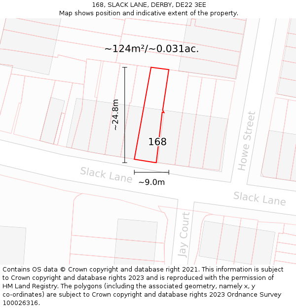 168, SLACK LANE, DERBY, DE22 3EE: Plot and title map