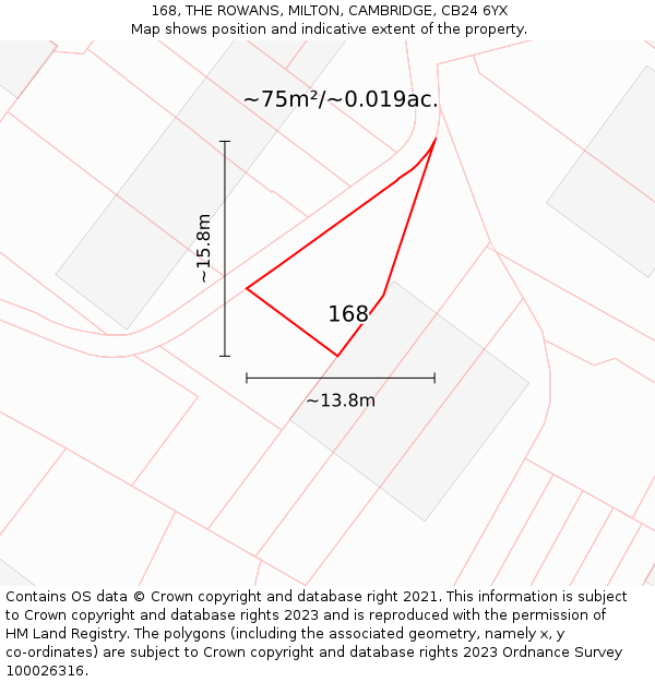 168, THE ROWANS, MILTON, CAMBRIDGE, CB24 6YX: Plot and title map