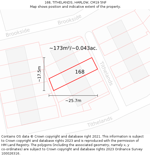 168, TITHELANDS, HARLOW, CM19 5NF: Plot and title map