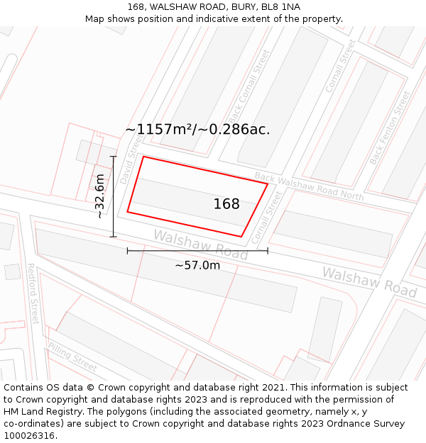 168, WALSHAW ROAD, BURY, BL8 1NA: Plot and title map