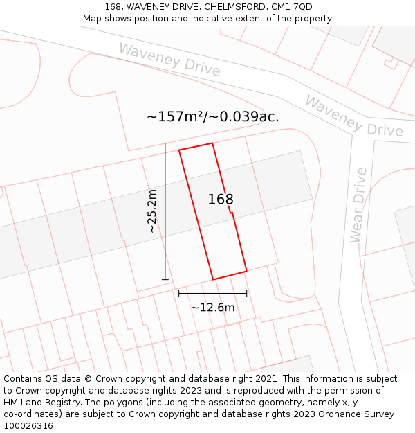 168, WAVENEY DRIVE, CHELMSFORD, CM1 7QD: Plot and title map