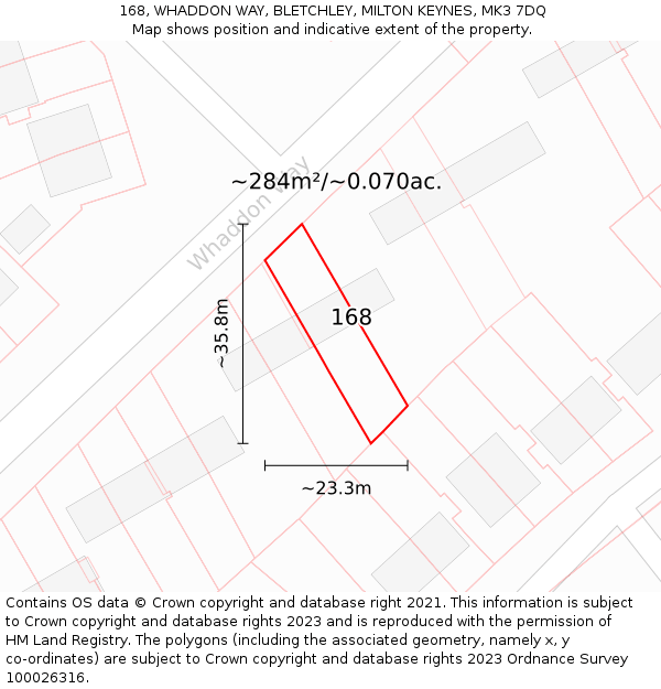 168, WHADDON WAY, BLETCHLEY, MILTON KEYNES, MK3 7DQ: Plot and title map