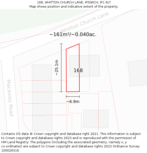 168, WHITTON CHURCH LANE, IPSWICH, IP1 6LT: Plot and title map