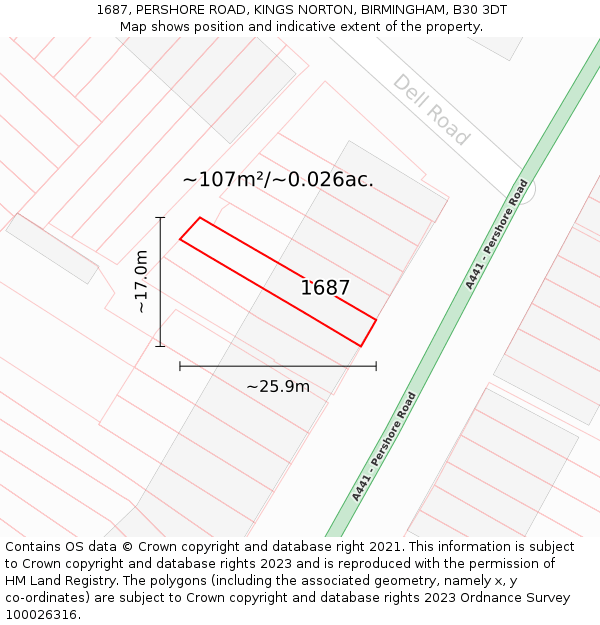 1687, PERSHORE ROAD, KINGS NORTON, BIRMINGHAM, B30 3DT: Plot and title map