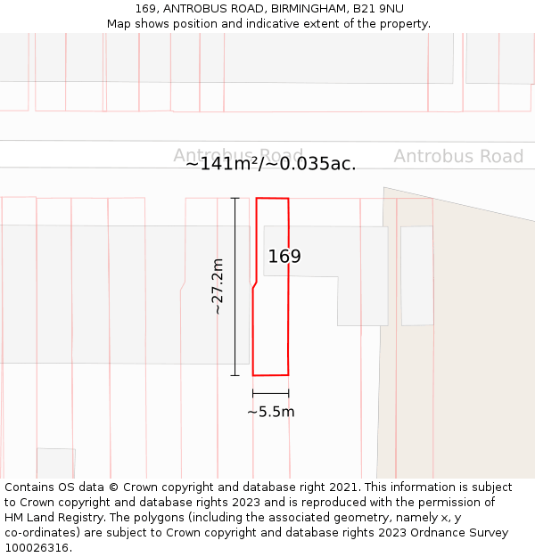 169, ANTROBUS ROAD, BIRMINGHAM, B21 9NU: Plot and title map
