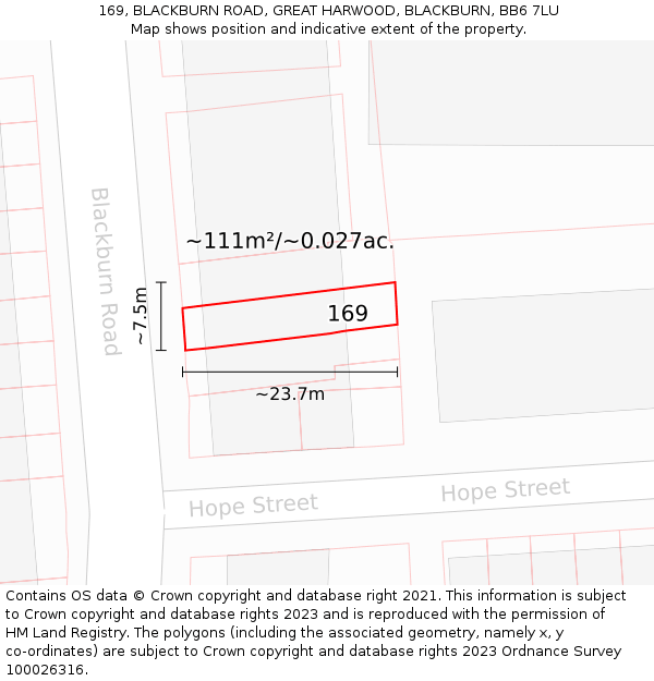 169, BLACKBURN ROAD, GREAT HARWOOD, BLACKBURN, BB6 7LU: Plot and title map