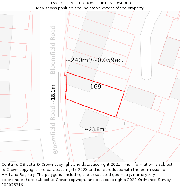 169, BLOOMFIELD ROAD, TIPTON, DY4 9EB: Plot and title map