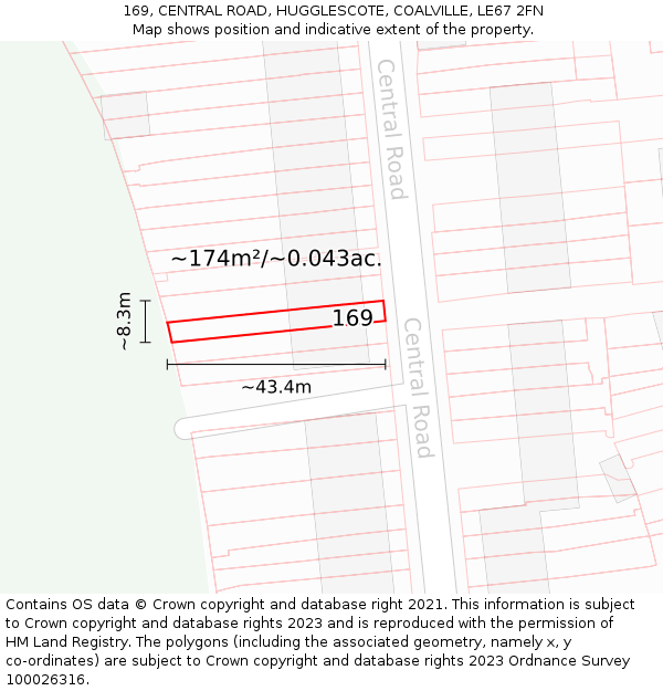 169, CENTRAL ROAD, HUGGLESCOTE, COALVILLE, LE67 2FN: Plot and title map