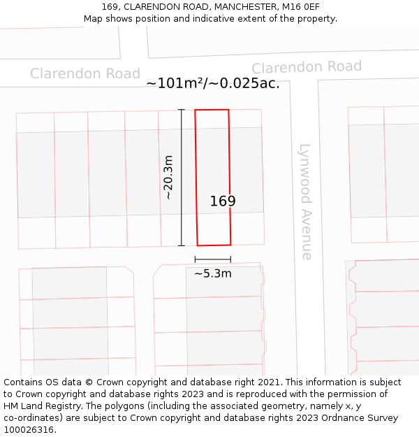 169, CLARENDON ROAD, MANCHESTER, M16 0EF: Plot and title map