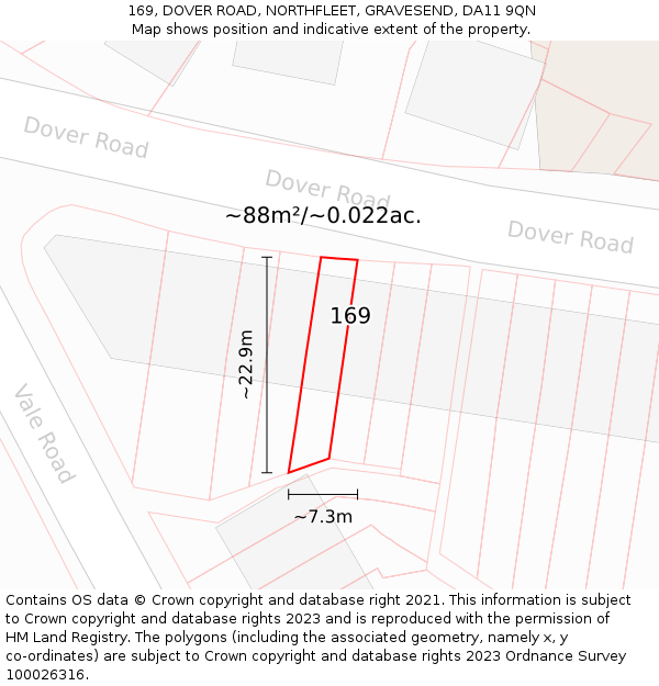 169, DOVER ROAD, NORTHFLEET, GRAVESEND, DA11 9QN: Plot and title map