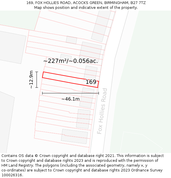 169, FOX HOLLIES ROAD, ACOCKS GREEN, BIRMINGHAM, B27 7TZ: Plot and title map
