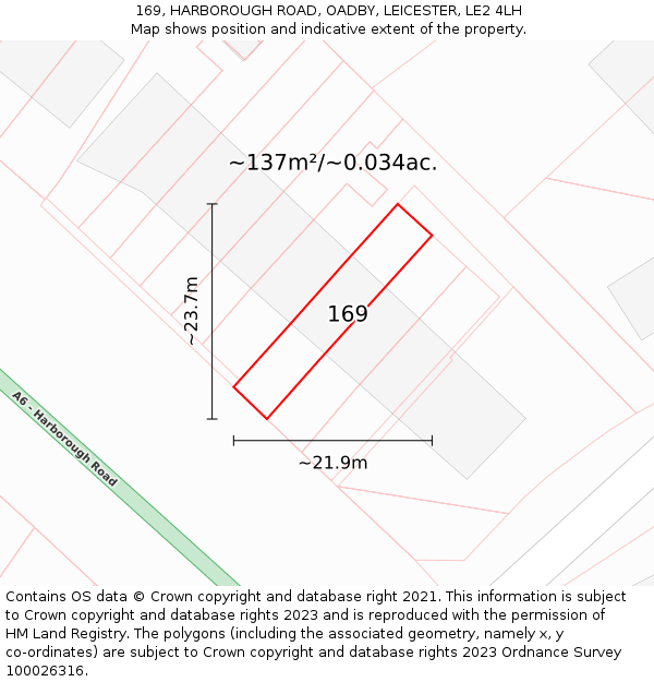 169, HARBOROUGH ROAD, OADBY, LEICESTER, LE2 4LH: Plot and title map