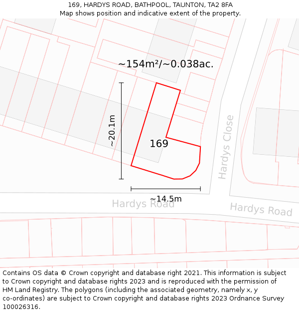 169, HARDYS ROAD, BATHPOOL, TAUNTON, TA2 8FA: Plot and title map