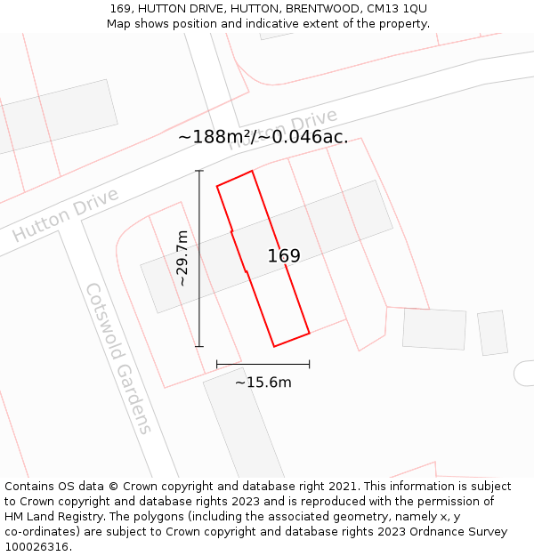 169, HUTTON DRIVE, HUTTON, BRENTWOOD, CM13 1QU: Plot and title map