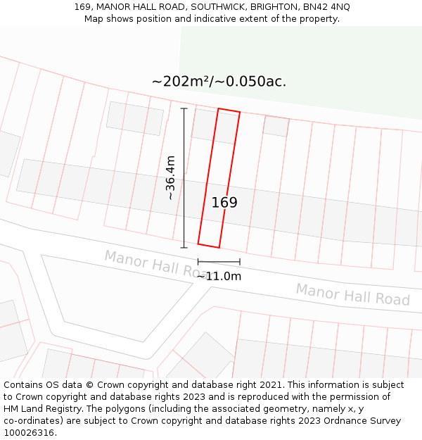 169, MANOR HALL ROAD, SOUTHWICK, BRIGHTON, BN42 4NQ: Plot and title map