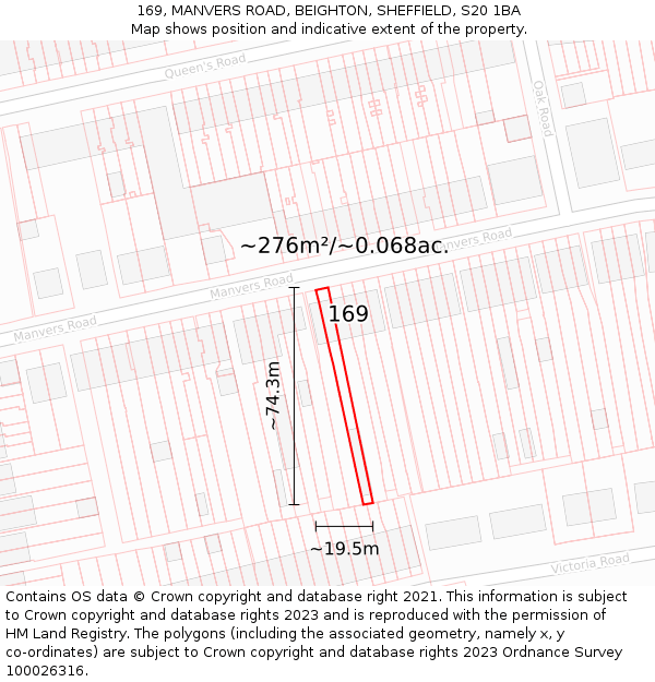 169, MANVERS ROAD, BEIGHTON, SHEFFIELD, S20 1BA: Plot and title map