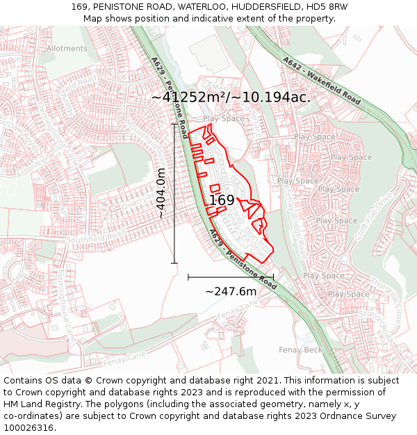 169, PENISTONE ROAD, WATERLOO, HUDDERSFIELD, HD5 8RW: Plot and title map
