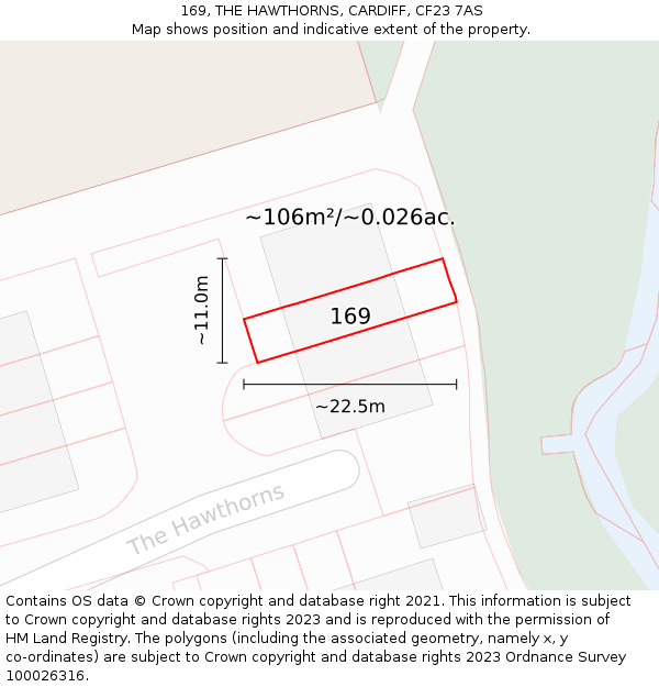169, THE HAWTHORNS, CARDIFF, CF23 7AS: Plot and title map