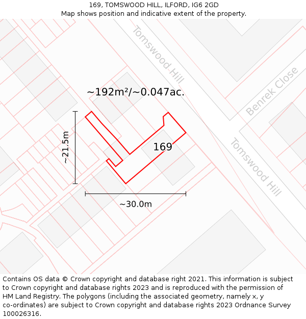 169, TOMSWOOD HILL, ILFORD, IG6 2GD: Plot and title map