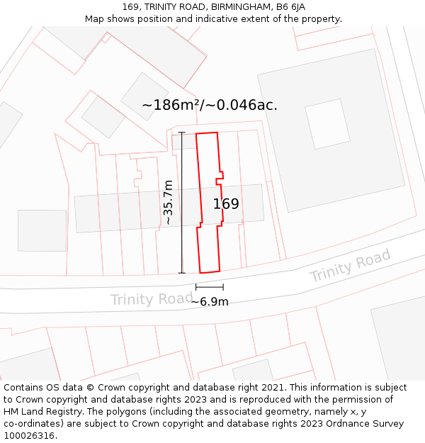 169, TRINITY ROAD, BIRMINGHAM, B6 6JA: Plot and title map