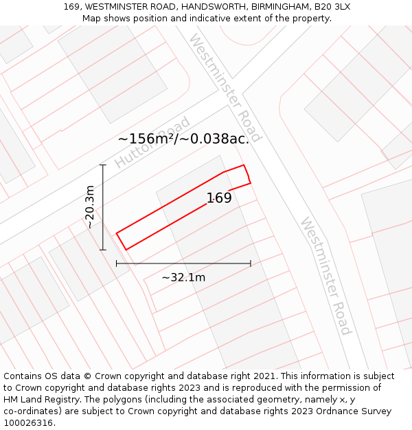 169, WESTMINSTER ROAD, HANDSWORTH, BIRMINGHAM, B20 3LX: Plot and title map