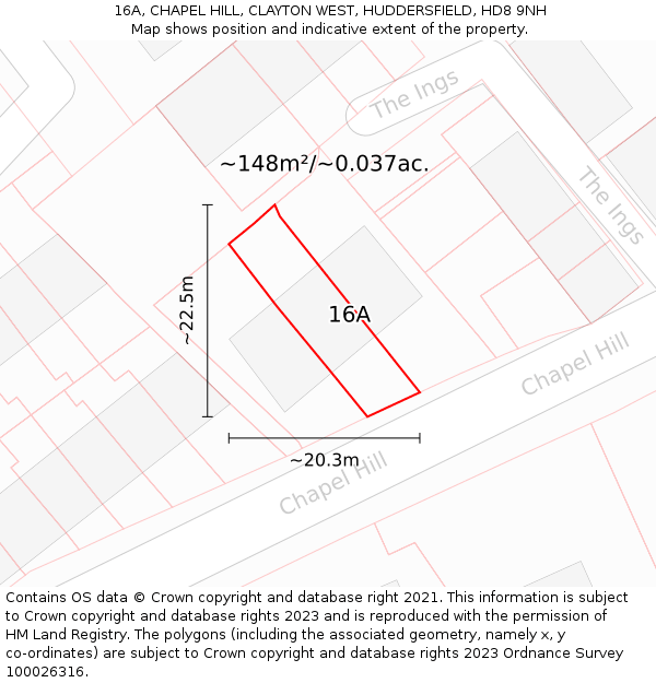 16A, CHAPEL HILL, CLAYTON WEST, HUDDERSFIELD, HD8 9NH: Plot and title map