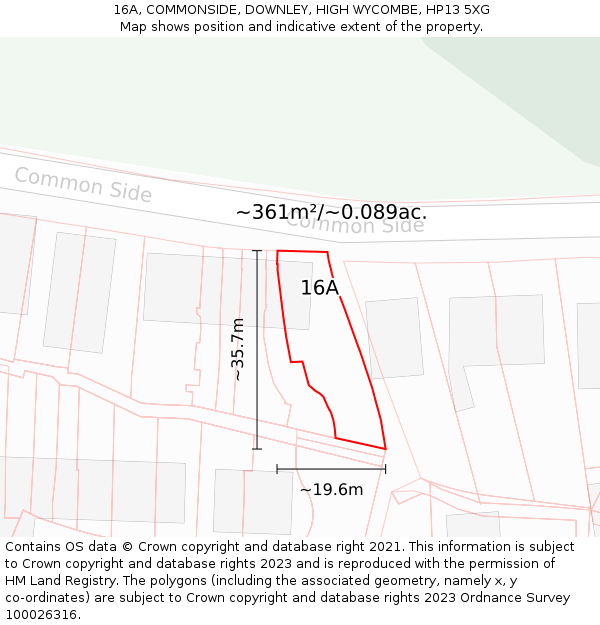 16A, COMMONSIDE, DOWNLEY, HIGH WYCOMBE, HP13 5XG: Plot and title map