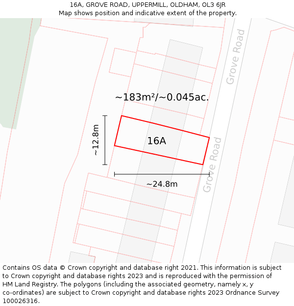 16A, GROVE ROAD, UPPERMILL, OLDHAM, OL3 6JR: Plot and title map