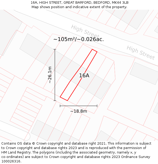 16A, HIGH STREET, GREAT BARFORD, BEDFORD, MK44 3LB: Plot and title map