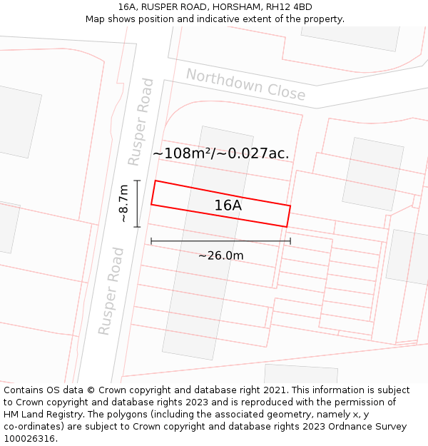 16A, RUSPER ROAD, HORSHAM, RH12 4BD: Plot and title map