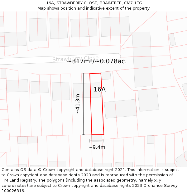 16A, STRAWBERRY CLOSE, BRAINTREE, CM7 1EG: Plot and title map