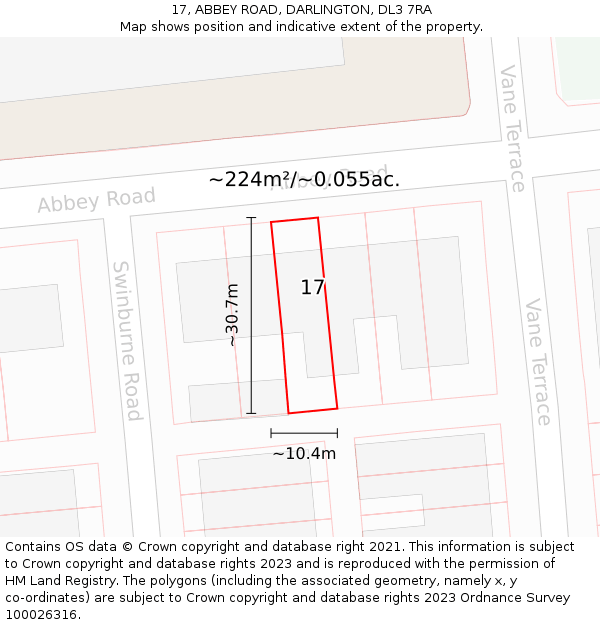 17, ABBEY ROAD, DARLINGTON, DL3 7RA: Plot and title map