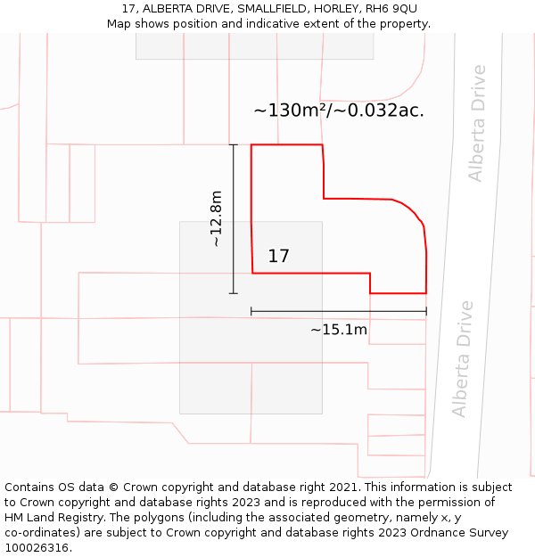 17, ALBERTA DRIVE, SMALLFIELD, HORLEY, RH6 9QU: Plot and title map