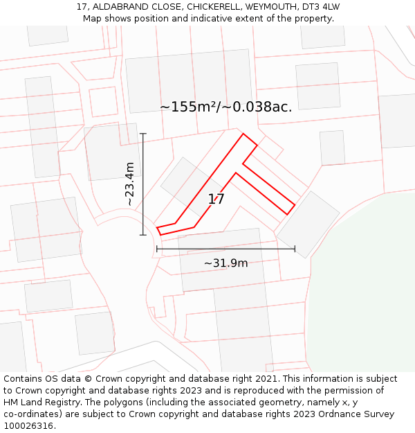 17, ALDABRAND CLOSE, CHICKERELL, WEYMOUTH, DT3 4LW: Plot and title map