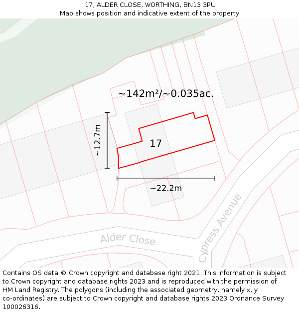 17, ALDER CLOSE, WORTHING, BN13 3PU: Plot and title map