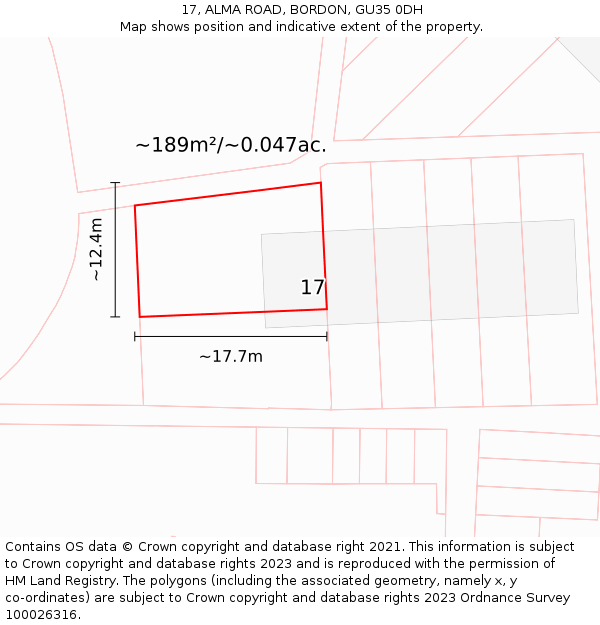 17, ALMA ROAD, BORDON, GU35 0DH: Plot and title map