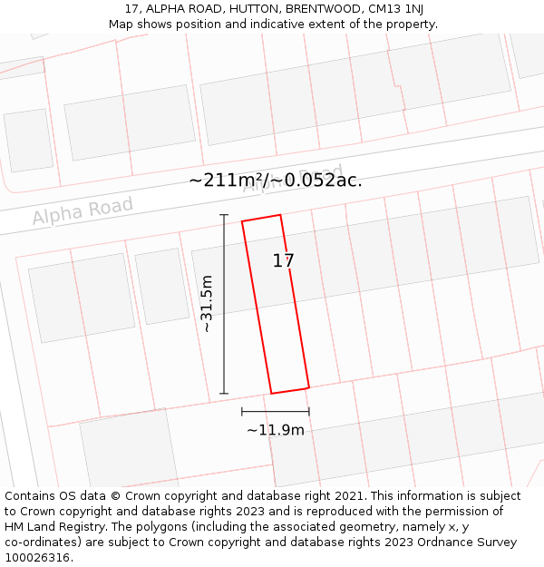 17, ALPHA ROAD, HUTTON, BRENTWOOD, CM13 1NJ: Plot and title map