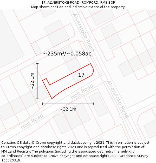 17, ALVERSTOKE ROAD, ROMFORD, RM3 8QR: Plot and title map