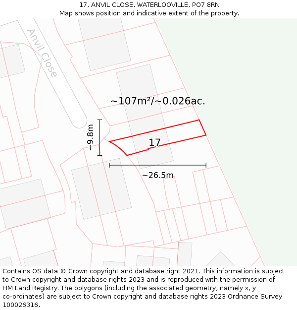 17, ANVIL CLOSE, WATERLOOVILLE, PO7 8RN: Plot and title map