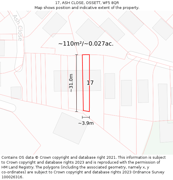 17, ASH CLOSE, OSSETT, WF5 8QR: Plot and title map