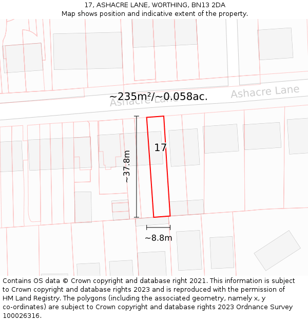 17, ASHACRE LANE, WORTHING, BN13 2DA: Plot and title map