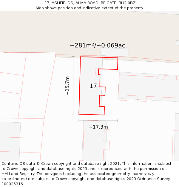 17, ASHFIELDS, ALMA ROAD, REIGATE, RH2 0BZ: Plot and title map