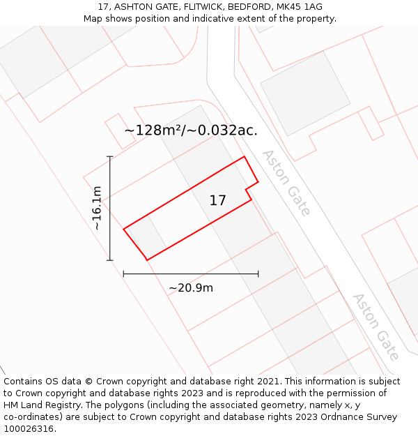 17, ASHTON GATE, FLITWICK, BEDFORD, MK45 1AG: Plot and title map