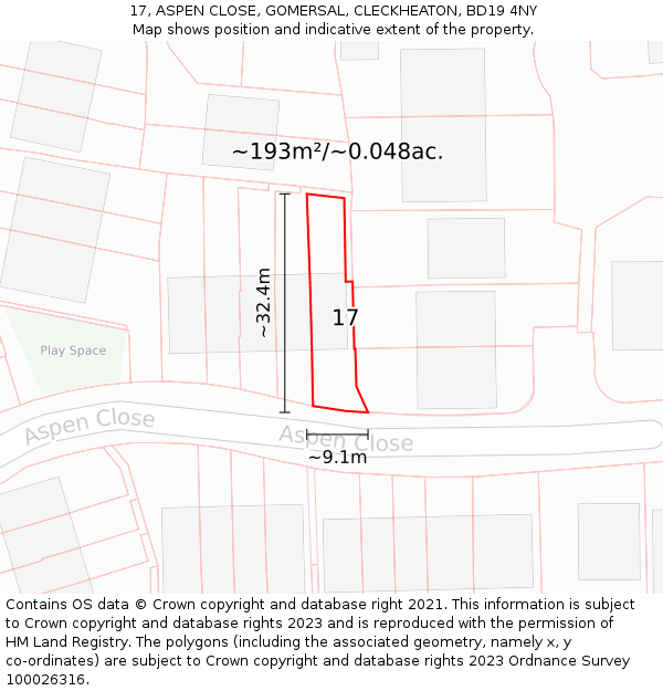17, ASPEN CLOSE, GOMERSAL, CLECKHEATON, BD19 4NY: Plot and title map