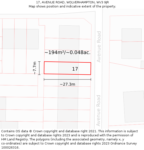 17, AVENUE ROAD, WOLVERHAMPTON, WV3 9JR: Plot and title map