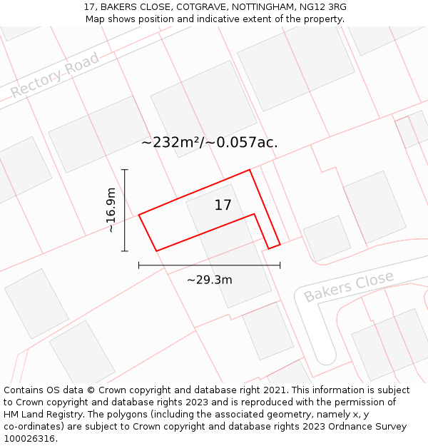 17, BAKERS CLOSE, COTGRAVE, NOTTINGHAM, NG12 3RG: Plot and title map