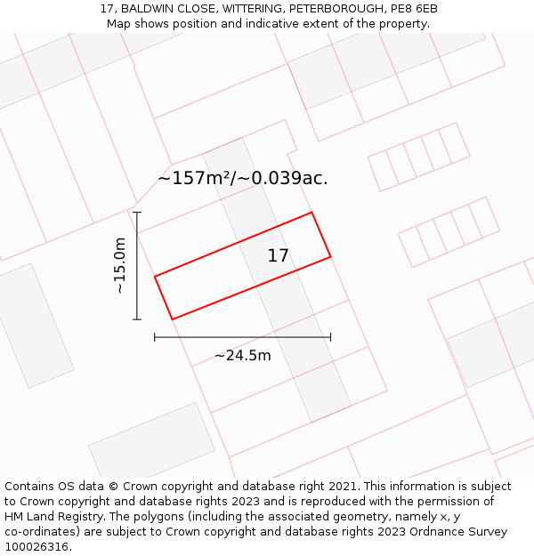 17, BALDWIN CLOSE, WITTERING, PETERBOROUGH, PE8 6EB: Plot and title map