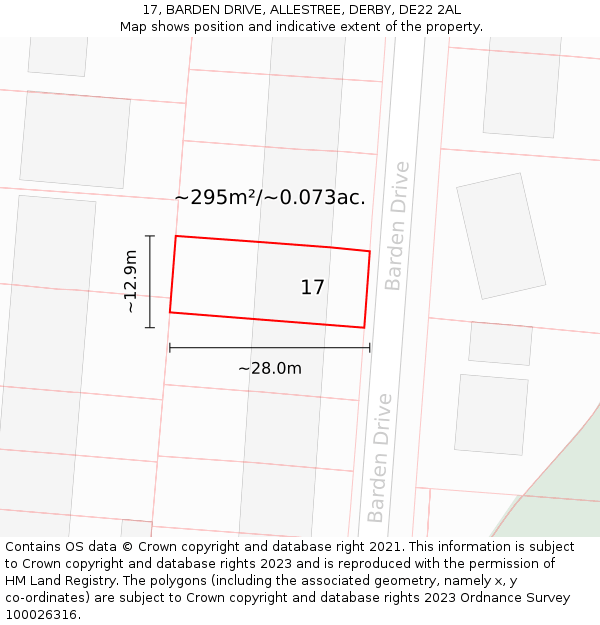 17, BARDEN DRIVE, ALLESTREE, DERBY, DE22 2AL: Plot and title map
