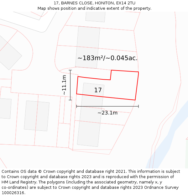 17, BARNES CLOSE, HONITON, EX14 2TU: Plot and title map