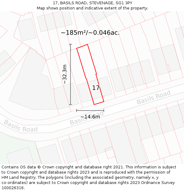 17, BASILS ROAD, STEVENAGE, SG1 3PY: Plot and title map